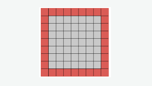 Et kvadrat med 9x9 ruter. Den ytterste raden er rød, de innerste radene er grå. 