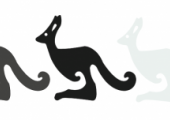 Illustrasjon av fem kenguruer på rekke og rad. Kenguruene er blå, grå, svart, lyseblå og gul