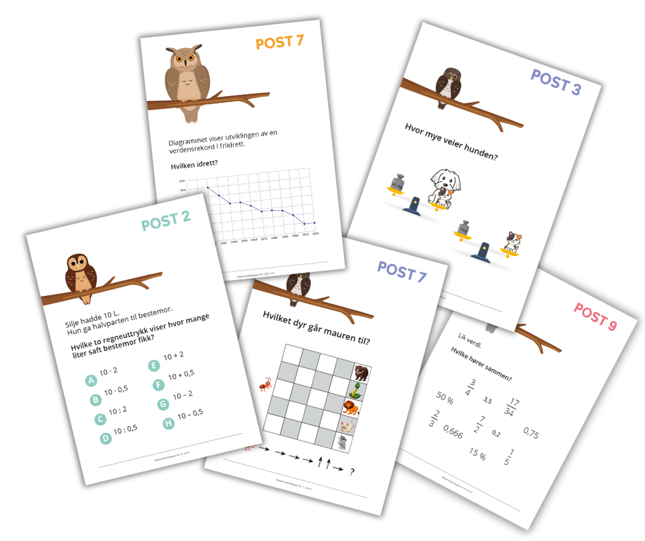 Illustrasjoner av postene i Matematikkstien 