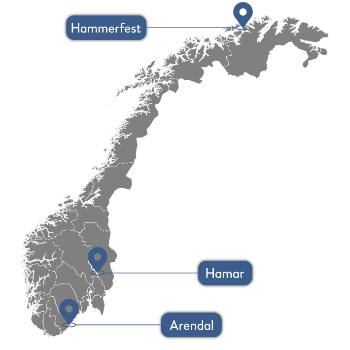 Illustrert kart over Norge med prikker på byene Hammerfest, Hamar og Arendal. 