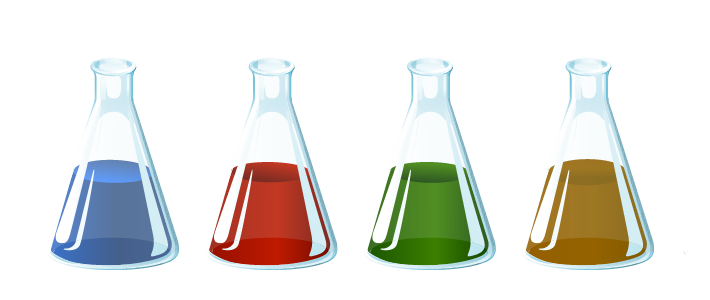 Illustrasjon av fire flasker (slike som brukes på et laboratorium) med innhold av ulik farge. 