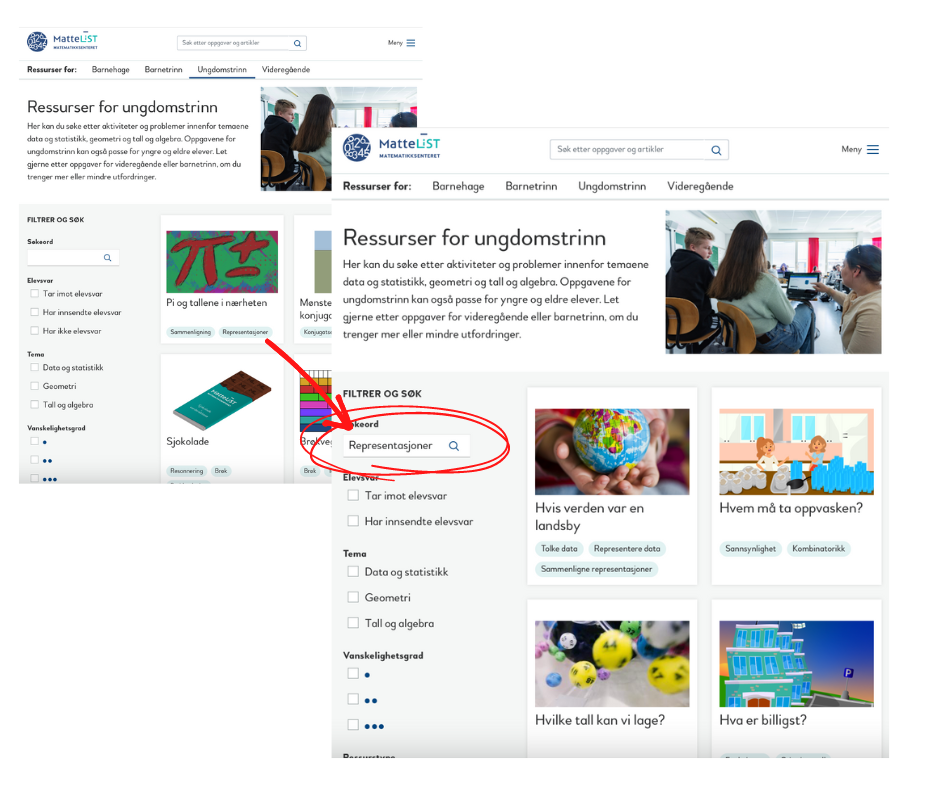 Illustrasjonsbilde av hvordan søke på stikkord på MatteLIST
