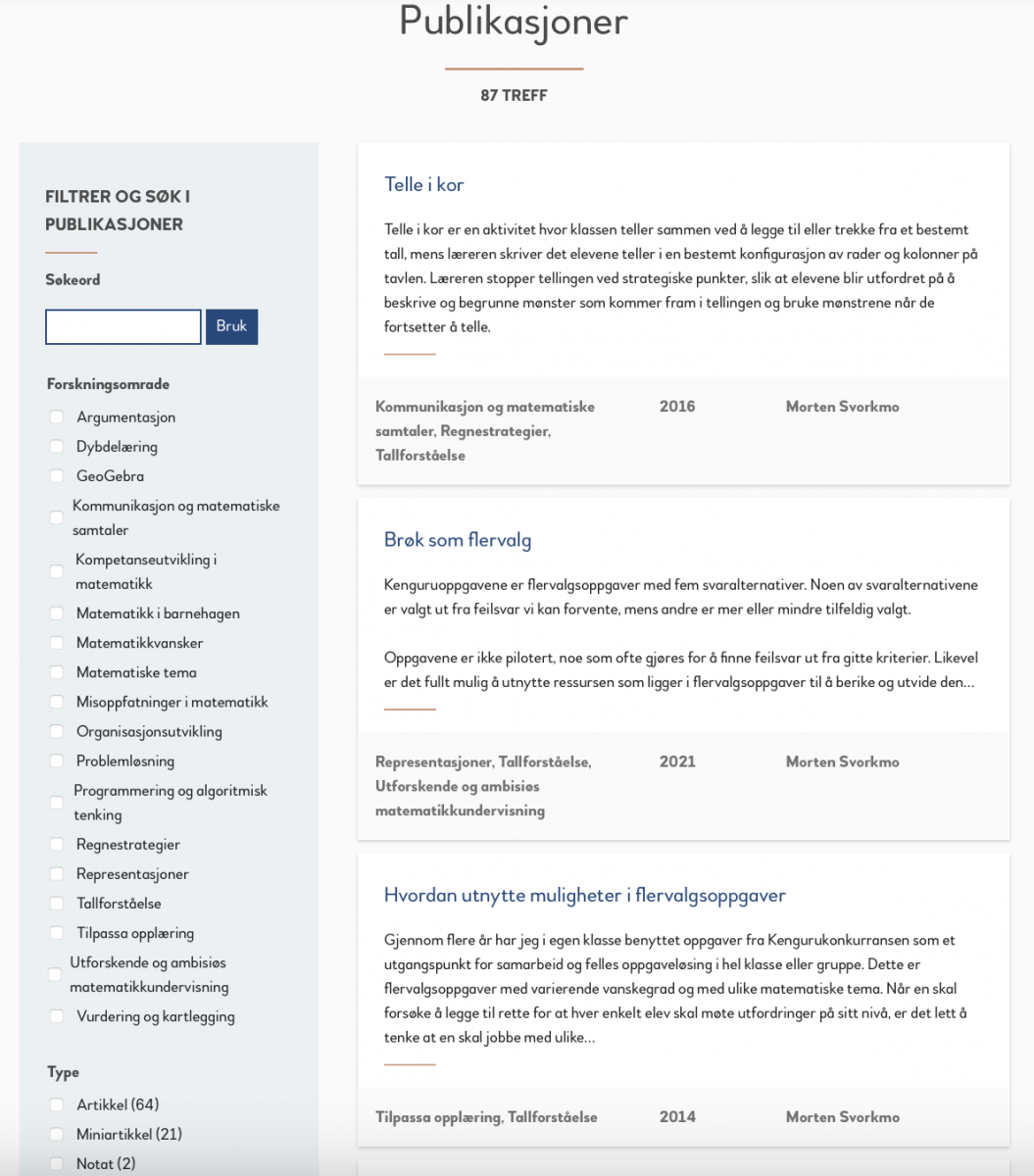 Faksimile av en nettside som viser en publikasjonsdatabase