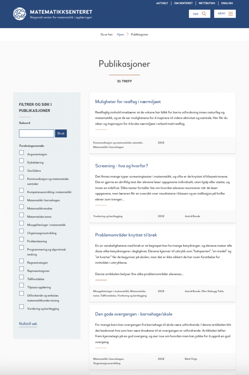 Skjermbilde av publikasjonsdatabasen på matematikksenteret.no
