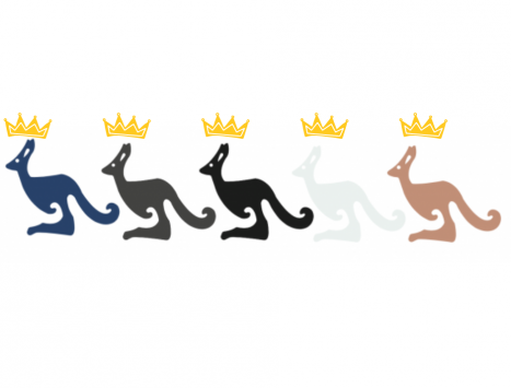 Fem illustrerte kenguruer i ulike farger, som står på rekke og rad. Hver kenguru har en liten krone på hodet. 