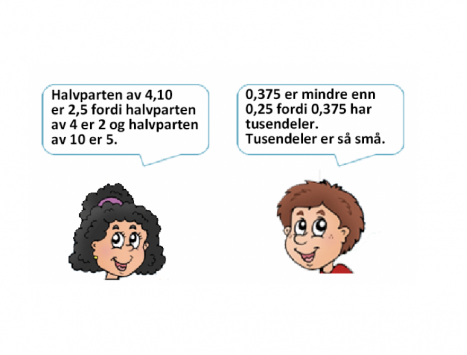 Illustrert bilde av gutt og jente som snakker om matematikk (i snakkebobler)