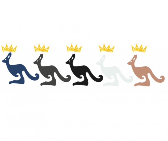 Fem illustrerte kenguruer i ulike farger, som står på rekke og rad. Hver kenguru har en liten krone på hodet. 