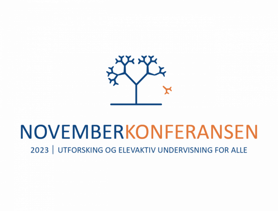 Logo til Novemberkonferansen 2023. Viser et illustrert tre hvor et "løv" faller av. Tittel er: Novemberkonferansen 2023 - Utforsking og elevaktiv undervisning for alle