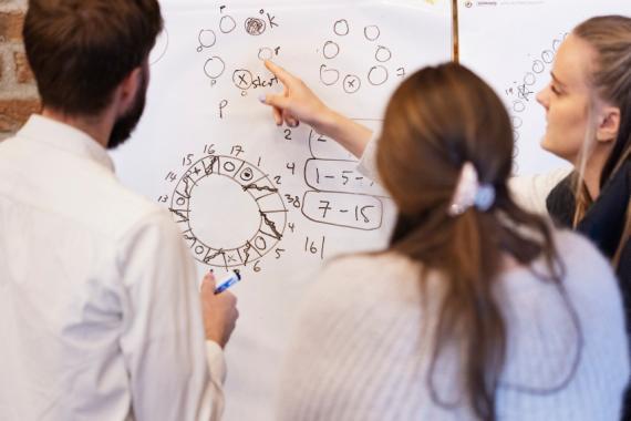 Tre lærere som samarbeider om matematikkoppgaver på en vertikal tavle
