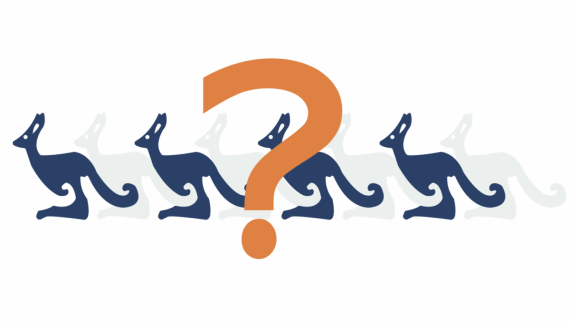 Illustrasjon fire blå kenguruer med grå skygge bak. Foran kenguruene ser vi et stort, oransje spørsmålstegn. 
