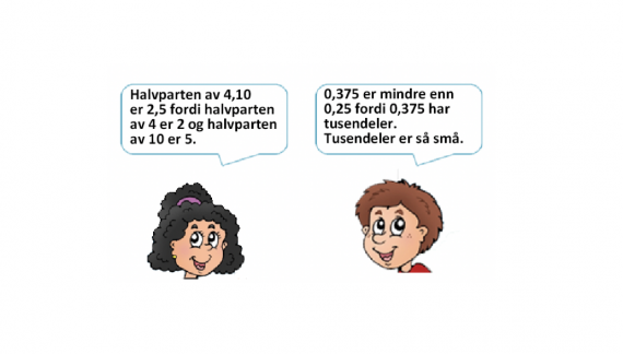 Illustrert bilde av gutt og jente som snakker om matematikk (i snakkebobler)