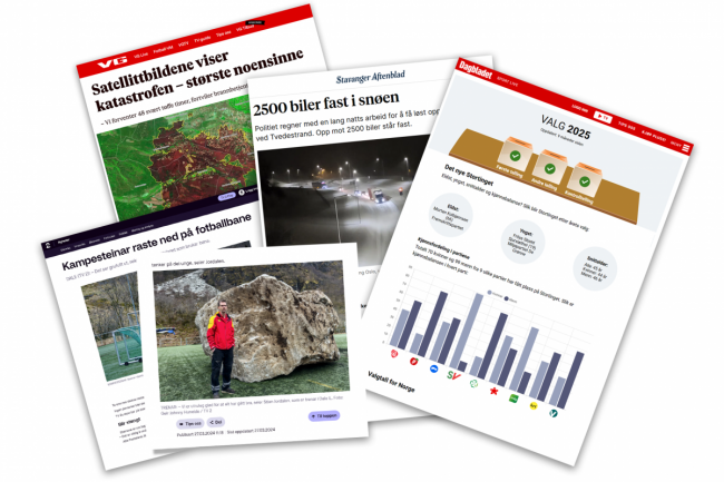 Faksimiler av nyhetssaker fra VG, TV2, Stavanger Aftenblad og Dagbladet.