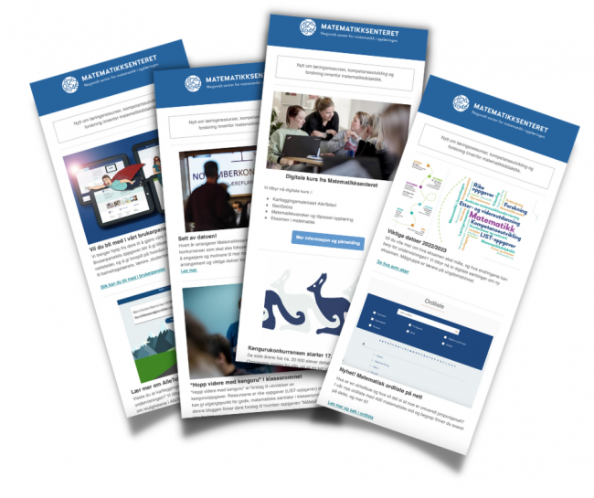 Faksimile av fire nyhetsbrev fra Matematikksenteret