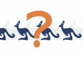 Illustrasjon med en rekke illustrerte kenguruer og et stort spørsmålstegn 
