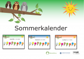 Illustrasjosbilde av ugler som sitter på en gren og reklame for sommerkalender