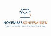 Logo til Novemberkonferansen 2023. Viser et illustrert tre hvor et "løv" faller av. Tittel er: Novemberkonferansen 2023 - Utforsking og elevaktiv undervisning for alle