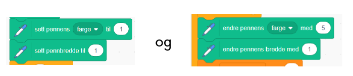 To kodeblokker i Scratch som endrer pennens farge og bredde.