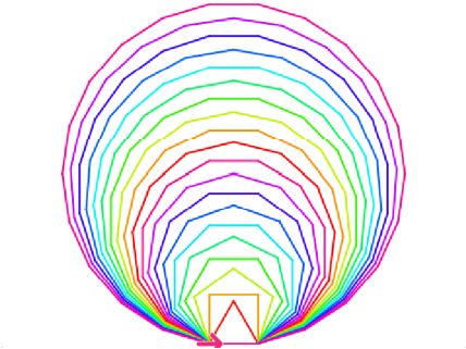 Fargerikt mønster av regulære mangekanter, tegnet i Scratch.