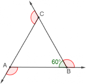 Likesidet trekant ABC. Innvendig vinkel B er markert grønn med 60 grader. Tre utvendige vinkler er markert rødt.