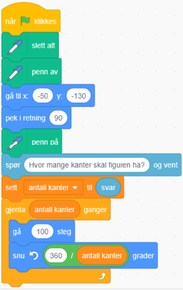 Kodeblokk i Scratch som tar imot heltall som input fra bruker. Programmet bruker dette heltallet for å tegne en regulær mangekant.