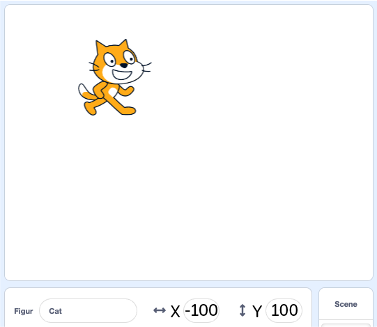 Figuren Cat i Scratch er plassert på koordinatene (-100, 100) i grafikkvinduet.