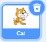 Ikon som viser figuren Cat i Scratch. Ikonet har en søppelbøtte øverst til høyre.