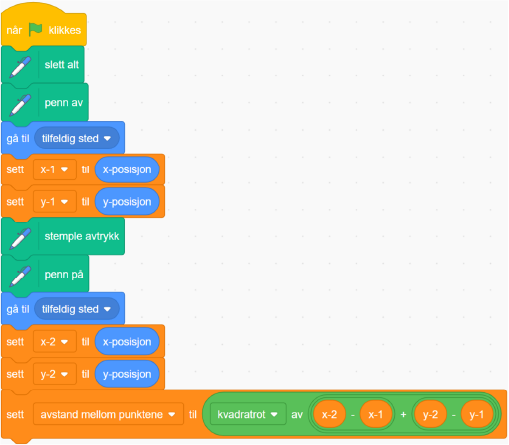 Kodeblokk i Scratch som beregner avstanden mellom to tilfeldig valgte punkt.
