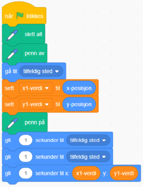 Kodeblokk i Scratch som bruker pennverktøyet og tegner en trekant med tre tilfeldige hjørnepunkter.