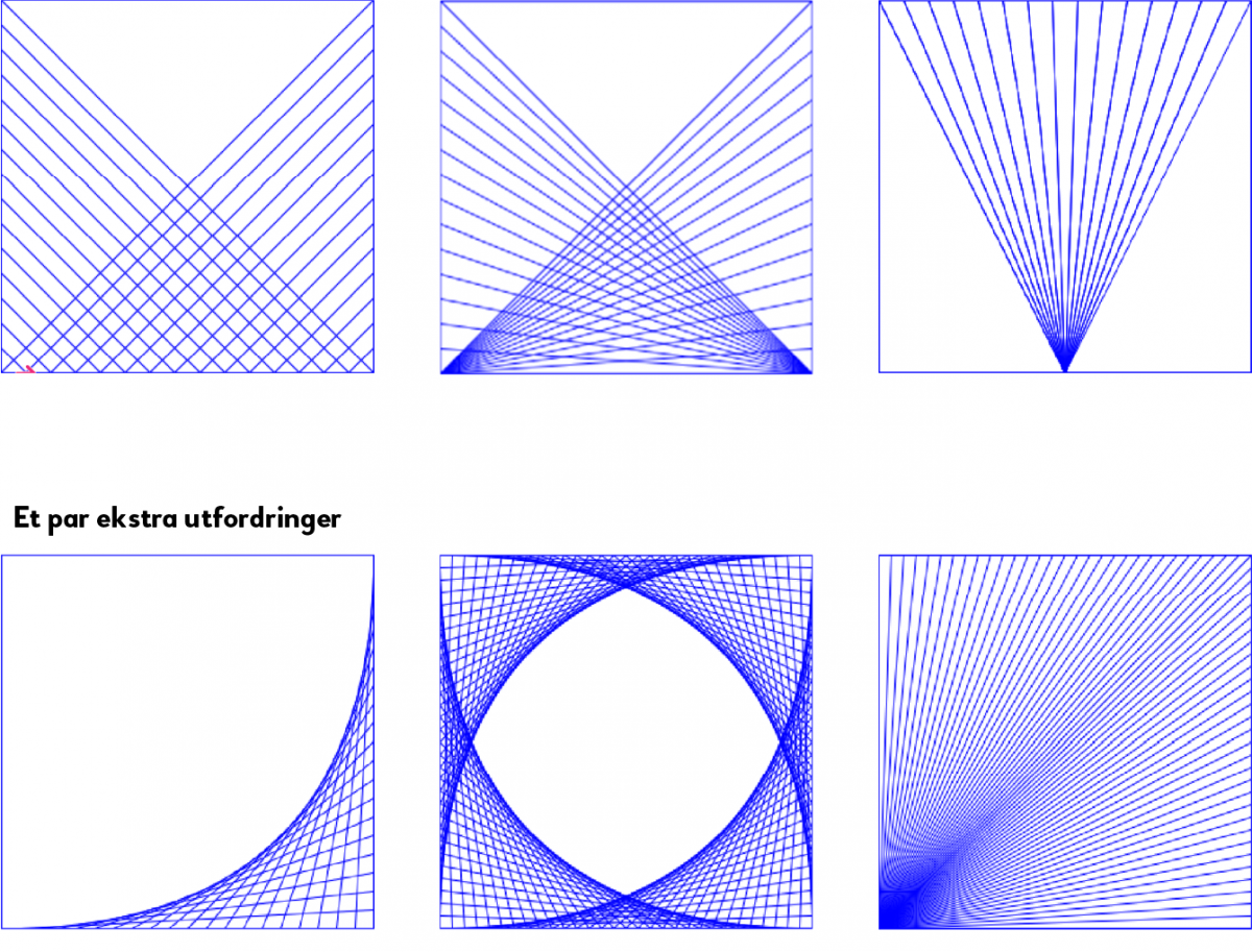 Seks forskjellige mønster med linjer i kvadrat.