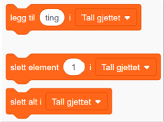 Blokkene "Legg til i liste", "Slett element i liste" og "Slett alt i liste".