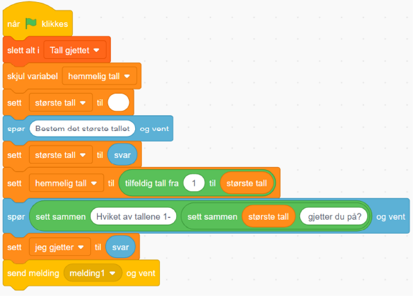 Første halvdel av programmet "Gjett tall". Programmet sender "melding1" når det er ferdig.