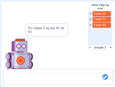 Robot i Scratch sier "Du valgte 5 og jeg får da 53". Liste viser tre tallpar som allerede er produsert.